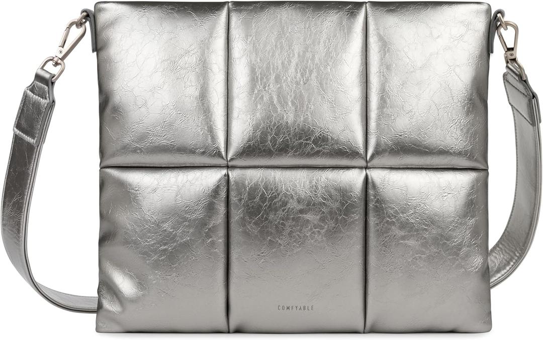 Comfyable Puffy Laptop Sleeve 13 inch 14 inch,Puffer Laptop Carrying Case with Crossbody Strap, Pillow Case Compatible with MacBook Air M4 2025 M3 M2 M1, MacBook Pro M5 M4 Pro/Max, PU Leather Cover (Silver)