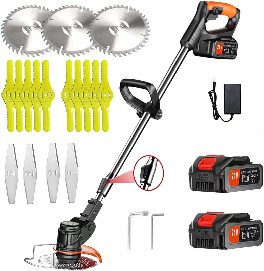 Electric Weed Wacker Battery Powered Weed Wacker Grass Trimmer 21V Grass Trimmer Cordless Lightweight Battery Weed Trimmer with 2 Batteries, Used for Lawn Garden Yard Trimming (Black)