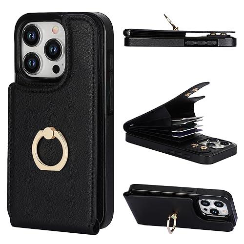 Folosu Compatible with iPhone 15 Pro Case Wallet with Card Holder, 360°Rotation Finger Ring Holder Kickstand, RFID Blocking Leather Protective Double Buttons Shockproof Cover 6.1 Inch Black