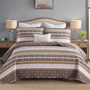 Homzard Brown Quilts Queen Size,Boho Cotton Comforter Set Queen Size,Brown White Snowflake Striped Quilted Bedspread Set,Bohemian Lightweight Comforter Bedding with 2 Pillow Shams (Queen (90"x98"))