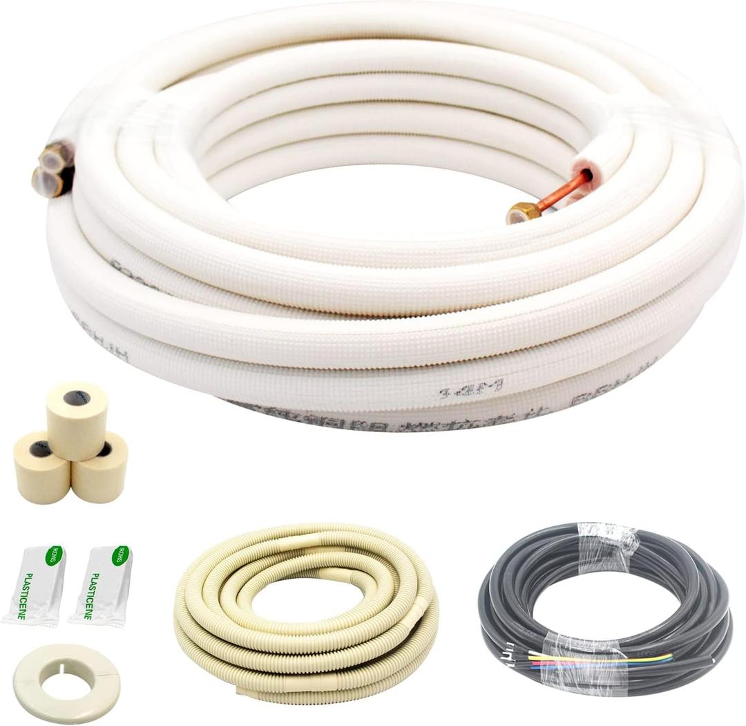25ft Length Mini Split Line Set,1/4" 5/8" OD Copper Pipes Tubing and 3/8 White PE Thickened Insulated Coil with Flared Nuts for Mini Split Air Conditioner HVAC or Heat Pump System. (25Ft(1/4+5/8))