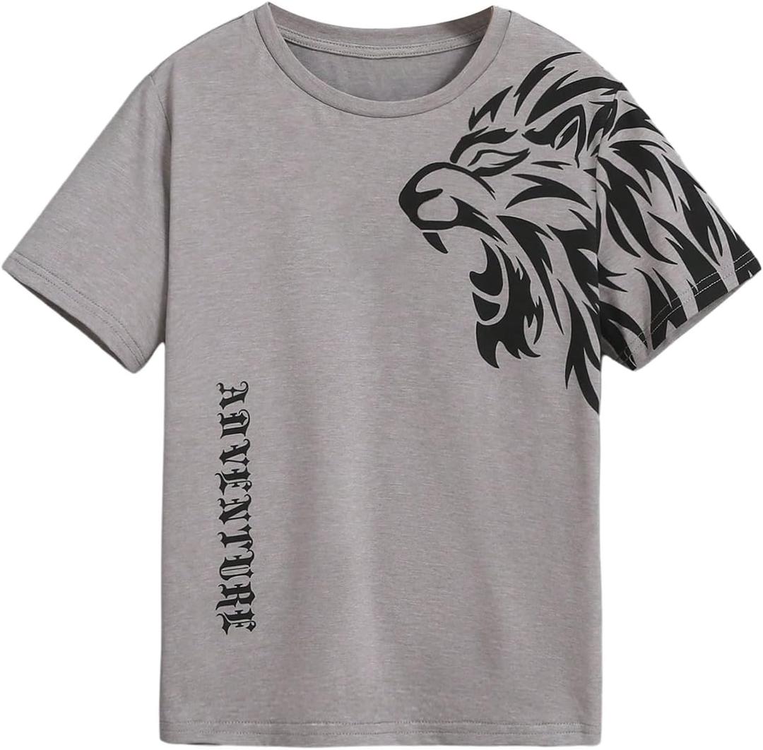 SweatyRocks Boy's Letter Print T Shirts Crew Neck Short Sleeve Graphic Tees Tops, 8 Years, Grey