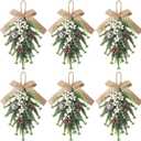 6 Pcs Artificial Christmas Teardrop Swag 18" Green and White Frosted Greenery Teardrop Wreath with Pine Cones Berry Clusters Burlap Bow Ribbon for Xmas Front Door Table Mantle Fireplace Decor 