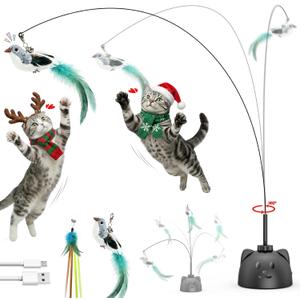 Interactive Cat Toys for Indoor Cats: Upgraded 360 Automatic Spin Flying Bird Feather Wand with Silicone Protected Rod Safe Play, Strong 8cm Suction Cup, USB-Rechargeable for Bored Kittens and Adult (Black)