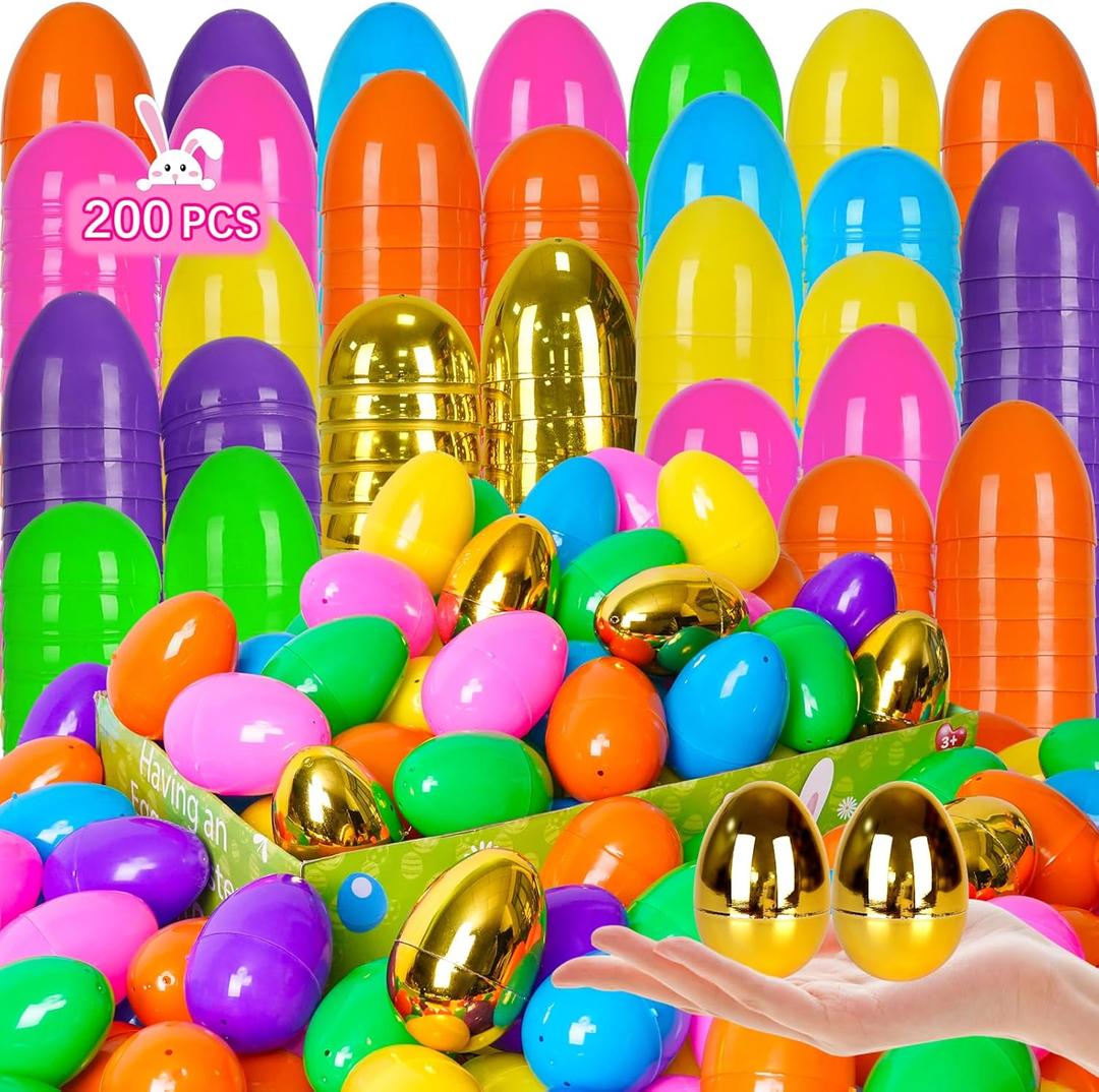 200 PCS Fillable Plastic Easter Eggs with 6 Golden Eggs, 2.4 Inch Empty Colorful Eggs for Kids Boys Girls Easter Hunt Party Supplies Classroom Rewards Basket Stuffers Easter Party Favors