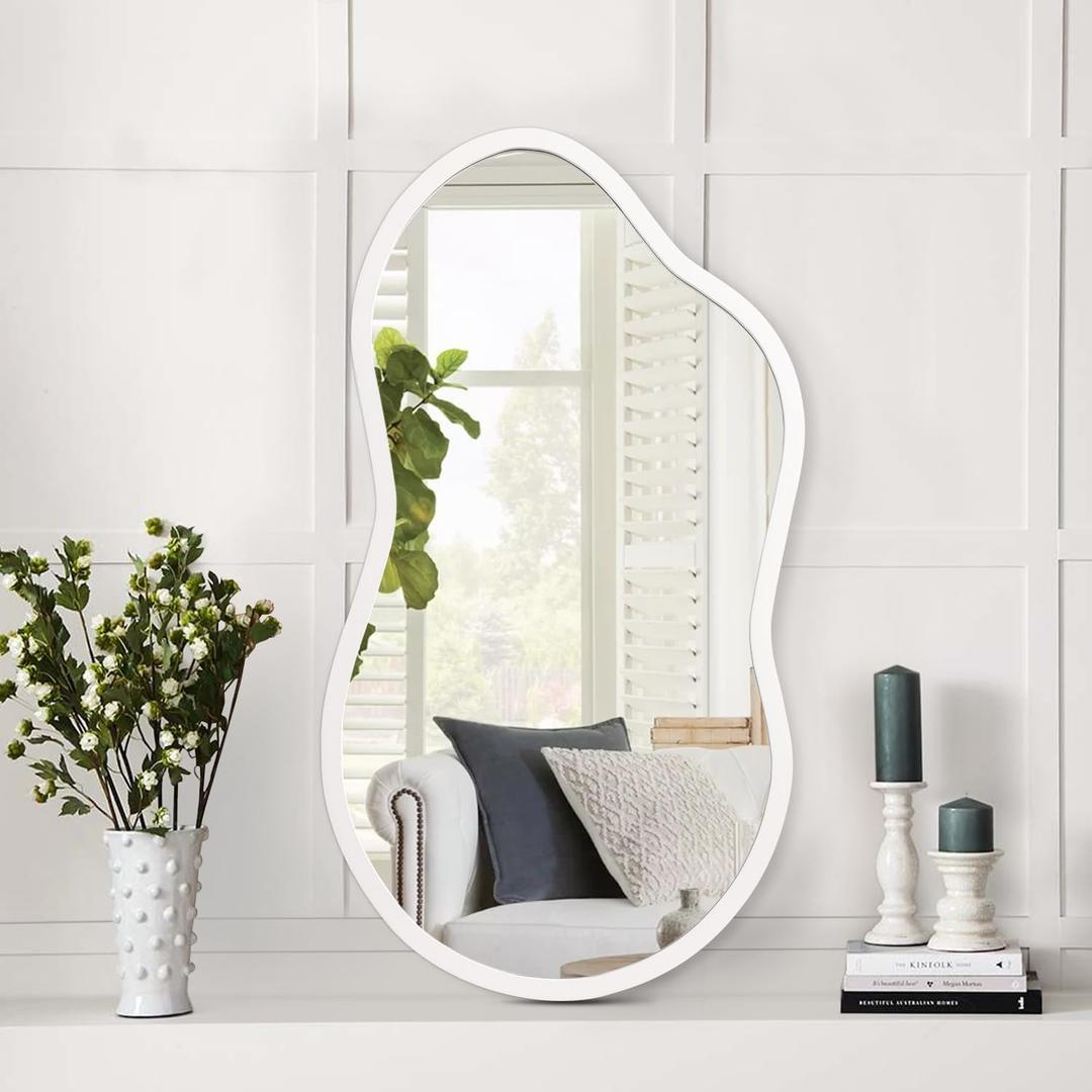 AAZZKANG Small Wall Mirror with Irregular Wood Framed Decorative White Hanging Mirrors for Bedroom Dressing Room Living Room Bathroom Entryway, 19x12' LxW