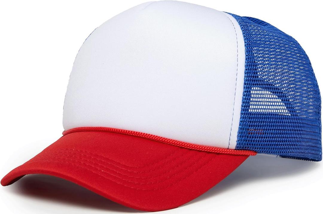 Funky Junque Blank Foam Trucker Hat  Adjustable Mesh Back Snapback Baseball Cap for Men & Women, Neon & Classic Color Hats (White/Red/Royal Blue)