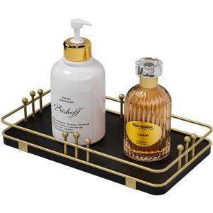 Bathroom Vanity Tray for Toiletries Makeup Perfume Candle Toilet Tank, Kitchen Tray for Soap Dispenser Spice Salt, Small Tray for Countertop Decor Coffee Nightstand 7.9x4.4 Black-Gold
