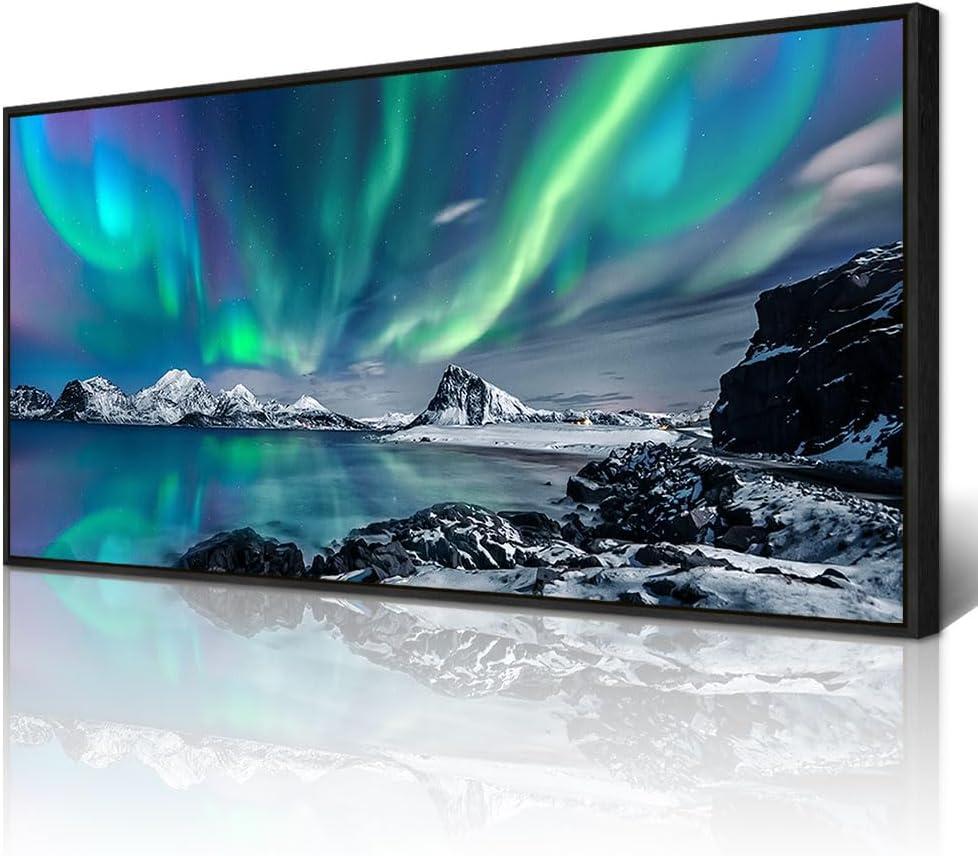 Wapluam Framed Canvas Wall Art For Living Room Large Wall Decor For Office Modern Bedroom Wall Painting Blue Aurora Scenery Canvas Pictures Artwork Ready To Hang Black Framed Home Decor 20x40 In