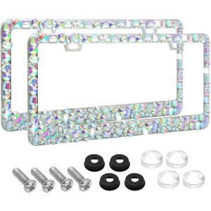 Bling License Plate Frame for Women - Diamond Rhinestone Sparkly Glitter License Plate Frame, Stainless Steel Obstruction-Free Cute Bedazzled Girly License Car Plate Frame 2 Pack