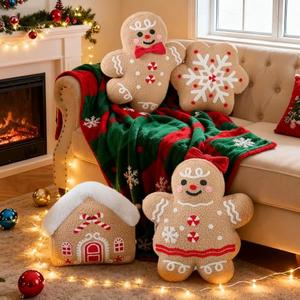 Lanpn Christmas Gingerbread Pillows Set of 4, Christmas Decoration Winter Throw Pillows Soft Fleece Sherpa Cute 3D Shaped Ginger Bread Throw Cushion for Sofa Bedroom Xmas Decor