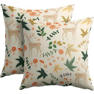 Deer Fall Pillow Covers 18x18 Set of 2 Green Cream Maple Leaf Autumn Outdoor Christmas Pillows Case Animal Print Pattern Decorative Xmas Cushion Cover Rustic Decoration Farmhouse Sofa Couch Bed Decor