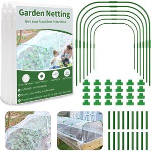 Garden Netting Kit for Raised Beds, 8x20ft Garden Netting Mesh with 6 Sets Garden Hoops (2FT Wide)  24 Clips, Garden Mesh Netting Kit Row Cover for Plant, Garden Protection, Birds Animals Barrier