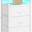 sthmec Nightstand with Charging Station, LED White Nightstand with 3 Fabric Drawers PU Finish, Bedside End Tables, 2-Tier Open Storage Shelf Side Table Nightstand with Drawers for Bedroom, White