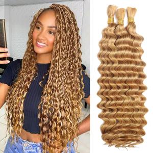 Human Braiding Hair 110g 20 Inch 3 Bundles Blonde Deep Wave Bulk Braiding Hair for Boho Braids No Weft Color 27 Curly Brazilian Human Braiding Hair Extensions for Micro Braiding
