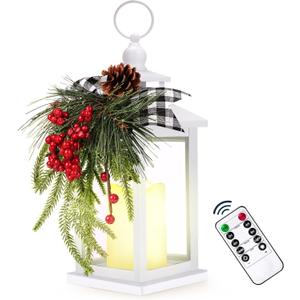 Metal Christmas Vintage Candle Lanterns with Remote Control and Led Light, Plaid Ribbon Decorative Hanging Lantern for Indoor Outdoor Porch Decorations Party Gift, White, WOKEISE (Deluxe Edition With Remote-3)
