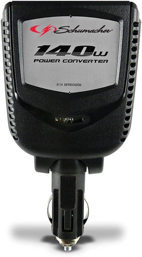 Schumacher Electric DC to AC Power Converter, XI14, 140 Continuous Watts, 280 Peak Watts, AC Outlet, 2 Amp USB Port, Plugs into Vehicle Accessory Outlet