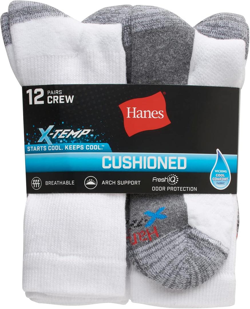 Hanes Men's Hanes Men's Socks, X-temp Cushioned Crew Socks, 12-pack Size: 6-12