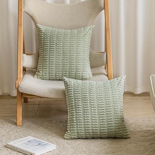 Home Brilliant Square Sage Green Spring Pillow Covers 22x22 Soft Striped Corduroy Solid Plush Throw Pillows for Couch Sofa Bench Living Room Decor, Set of 2, 18 x 18 inch, Light Green