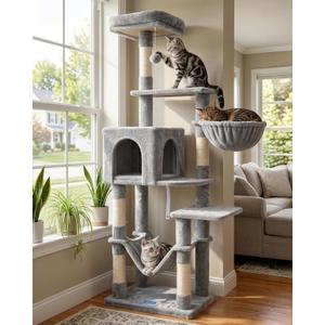 Hey-brother Cat Tree with Large Hammock, Multi-Level Cat Tower for Indoor Cats, Cat Condo with Sisal-Covered Scratching Posts and Top Perch, Light Gray MPJ050W