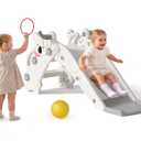 Babytronic Toddler Slide Indoor & Outdoor Playground, 4-in-1 Baby Slide with Climber, Basketball Hoop & Ring Toss, Foldable Freestanding Kids Slide, Climber Playset for Toddlers Ages 1-3, Cream & Gray