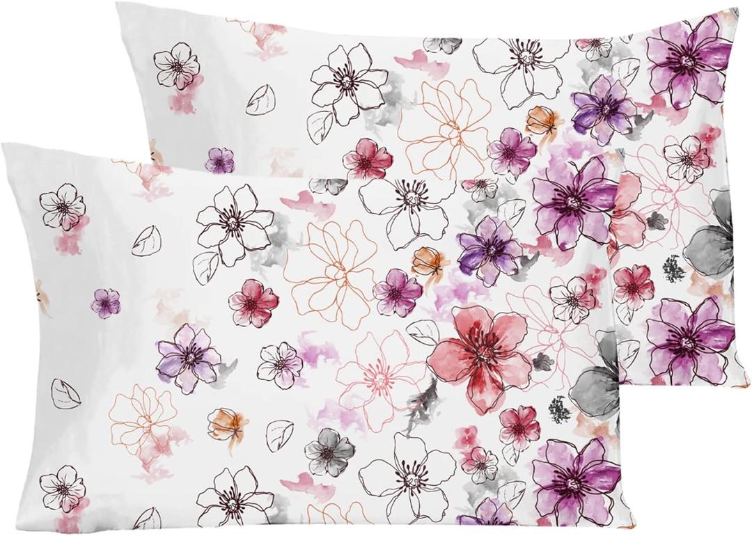 YIYEA Standard Pillow Cases Set of 2, Ultra Soft Double Brushed Microfiber Pillowcases Standard, Floral Bed Pillow Covers, Fade Resistant, Easy Slip-On (20"x26")