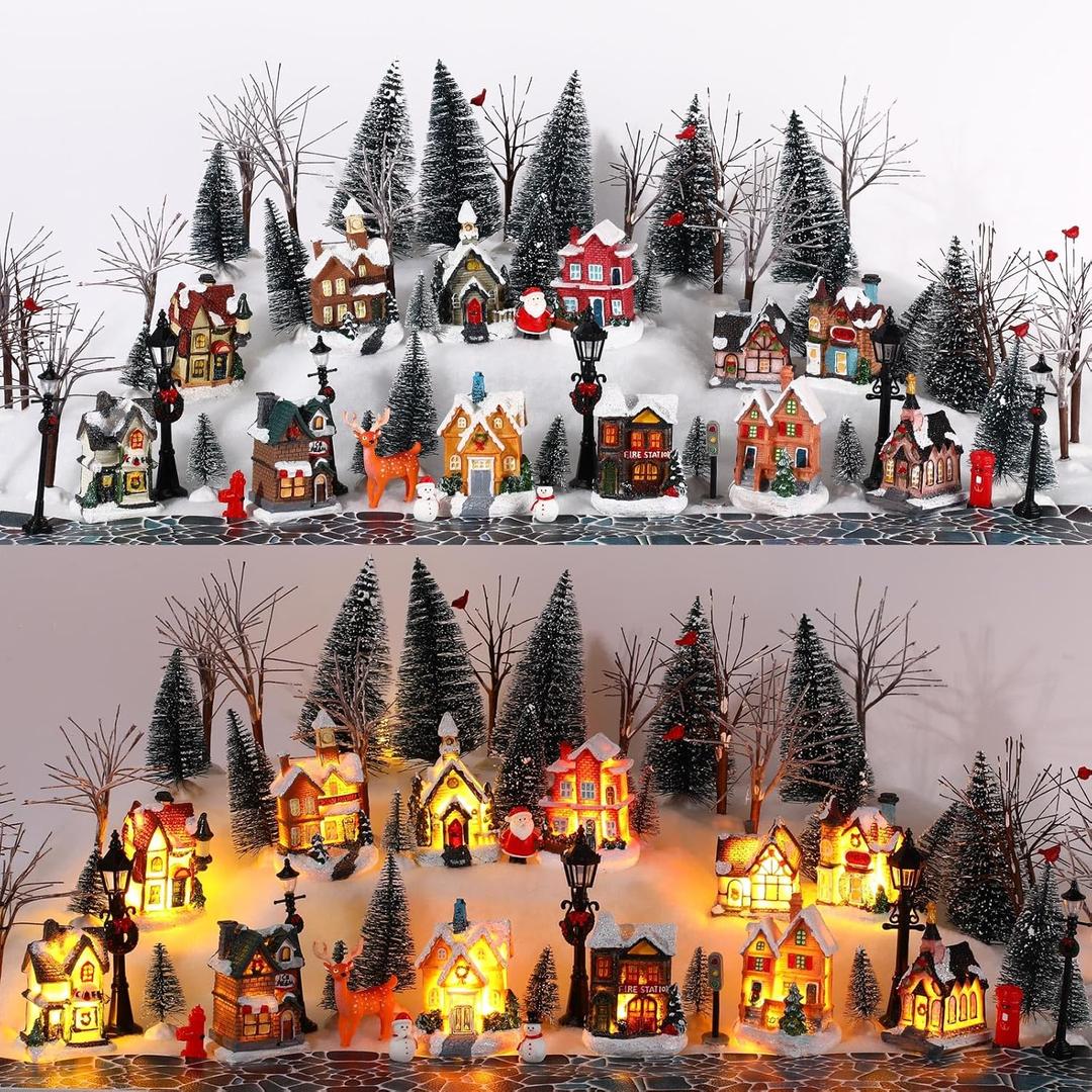 Kajaia 68 Pieces Christmas Winter Houses Village Set, Christmas Bare Branch Trees Snowman Winter Village Town Buildings Accessories Set for Christmas Figurine Village Miniature Home Desktop Decor
