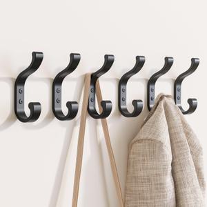 Wall-Mount Coat Hooks, Heavy Duty 30LB Hooks for Hanging Coats, Bags, Backpacks, Keys, Hats  Black Metal Hooks for Wall,Door (6 Pack)