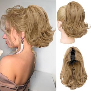 Ponytail Extension, 10" Short Claw Clip on Pony Tails Hair Extensions for Women Synthetic Natural Wavy Drawstring Fake Ponytails Hairpieces Daily Use (Golden Blonde Highlights, 10 inch)