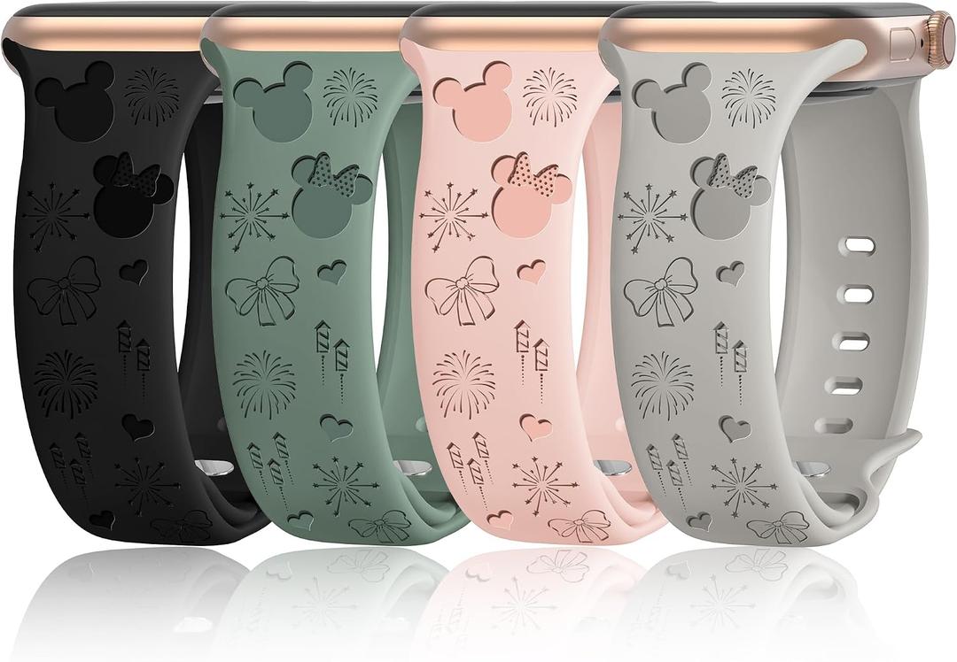 4 PACK Engraved Silicone Bands Compatible with Apple Watch Band 40mm 38mm 41mm 42mm 44mm 45mm 46mm 49mm Women Breathable Soft Cute Sport Replacement Strap for iWatch SE Series 11 10 9 8 7 6 5 4 3 2 1