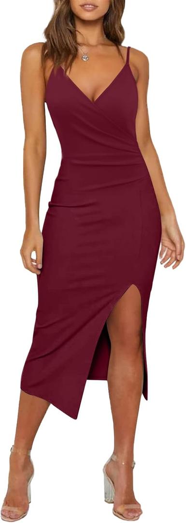 WAYMAKER Women's Sexy V Neck Spaghetti Strap Sleeveless Wrap Ruched Side Slit Bodycon Cocktail Party Wedding Guest Dress (Medium, Wine Red)