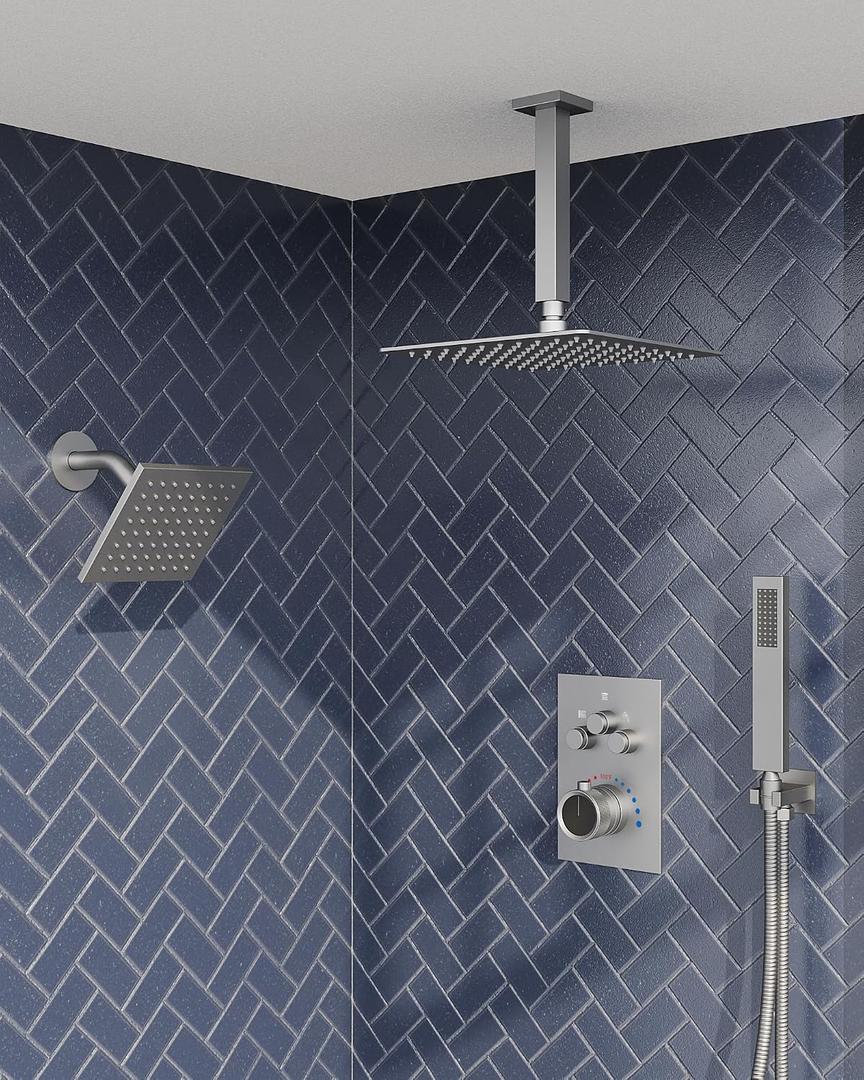 Shower Faucet Set with Handheld Spray, Brushed Nickel | 12" Ceiling Mount SUS304 Rainfall Shower Head System, 6" Side Head, 3-Function Thermostatic Valve Trim Kit, All Metal