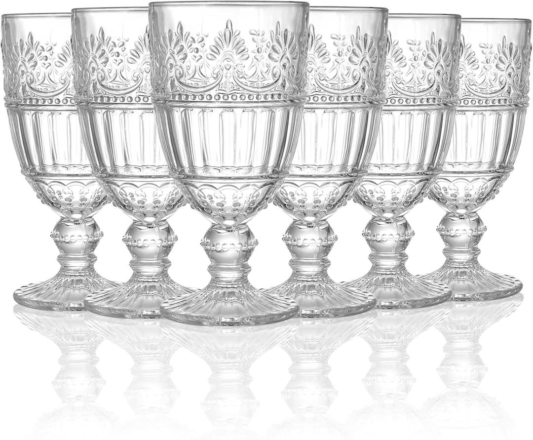 AVLA 6 Pack Glass Goblet, 12 OZ Vintage Drink Cooler  Glassware, Romantic Wedding Glass Set, Drinking Stemware Beverage Cups for Party, Bar, Champagne, Juice, Beer, Cocktail, Embossed Design