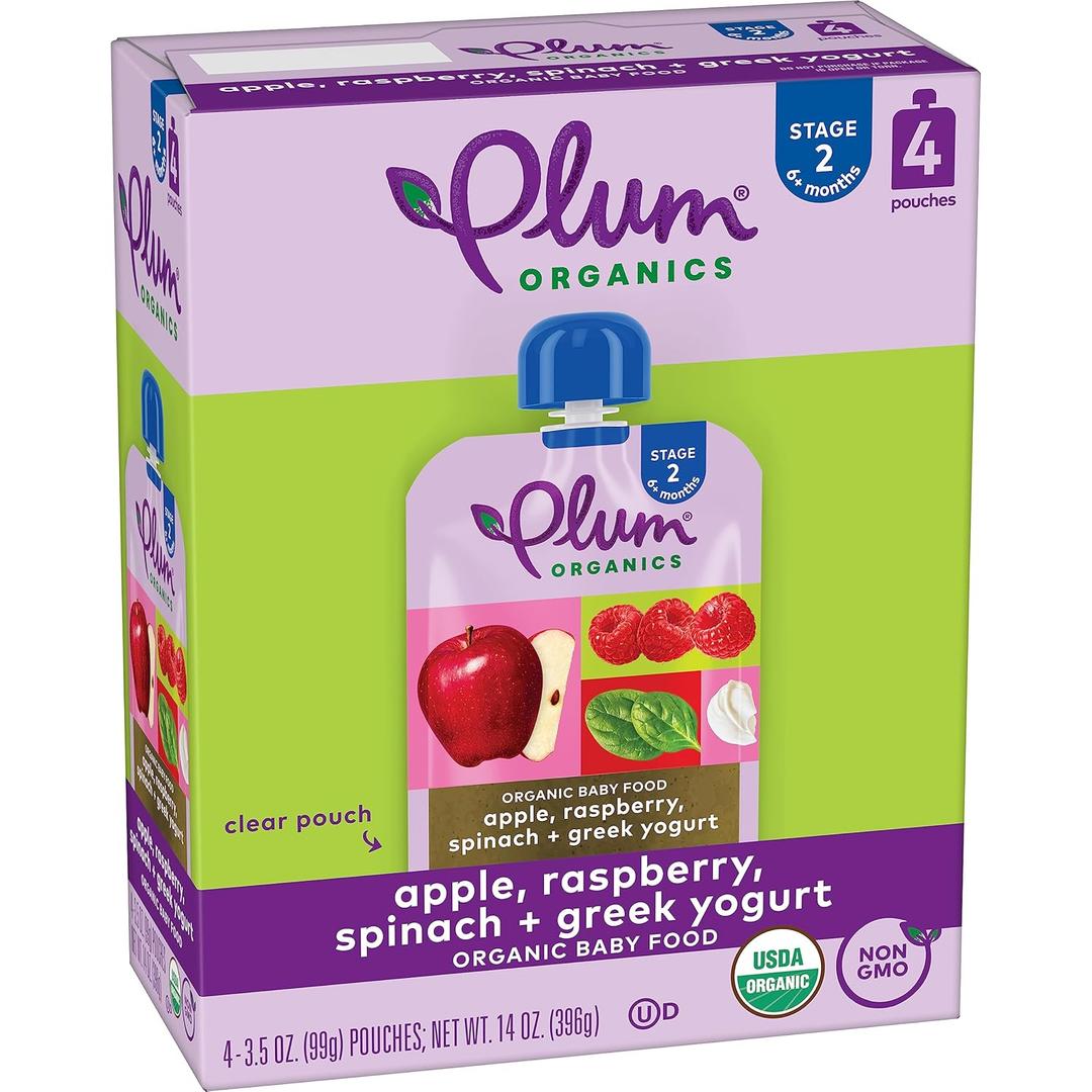 2 x Plum Organics Stage 2 Organic Baby Food - Apple, Raspberry, Spinach, and Greek Yogurt - 3.5 oz Pouch (Pack of 4) - Organic Fruit and Vegetable Baby Food Pouch (EXP 10/03/25)