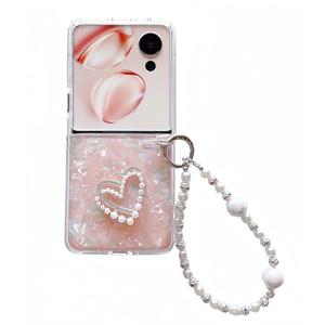 for Samsung Galaxy Z Flip 7 Case Cute Love Heart Girly Design,Flip7 Phone Case Bling Glitter Pearl Back Soft Silicone Bumper with Bead Phone Strap for Samsung Z Flip 7 Pink