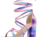 Allegra K Women's Tie Dye Platform Chunky Heel Lace Up Blue Pink Sandals 6 M US