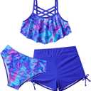 Girls Swimsuit Kids Bathing Suit 3 Pieces Bikini Set with Shorts Adjustable Swimwear (11-12 Years, Dark Tie Dye)