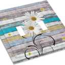 Decorative Switch Plate Covers Farmhouse Rustic Plank Texture Floral Daisy Flowers 2 Gang Wall Plate Double Toggle Light Switch Cover Plate Electric Dual Device Electrical Faceplate