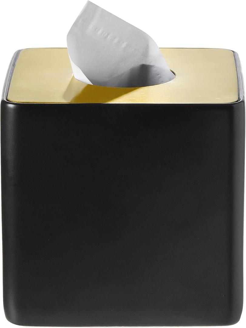 Bathroom Accessories - Ceramic Tissue Holder, Decorative Square Tissue Cover Box (Black and Gold)
