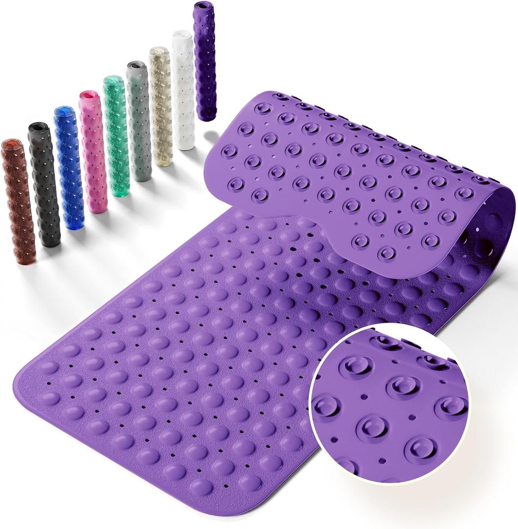 Non-Slip Bath Tub Mat, 39x16 Inch Extra Large Shower Mat with Drain Holes & Suction Cups, Machine Washable, Purple