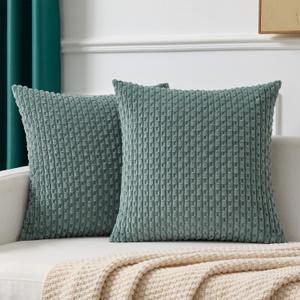 Kevin Textile Decorative Pillow Covers Set of 2 Striped Plush Corduroy Pillows Pillowcases Boho Home Decor Cushion Covers for Couch Sofa Bed Living Room 20x20 Inch, Teal Green