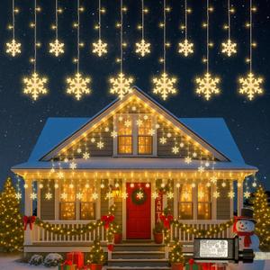Christmas Snowflake Lights,6.5ft 144LED Window Icicle Lights with 12 Drops,8 Modes Timer Connectable Curtain Light Plug in for Bedroom,Eaves,Wedding,Indoor Outdoor Xmas Decor,Warm White