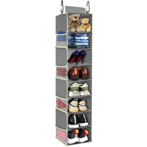 Large-Sized Hanging Shoe Organizer 8-Shelf, Hanging Closet Organizer with 8 Side Pockets, Wider Hanging Shelves for Storage Shoes Clothes 9" W x 11.8" D x 48" H, Grey