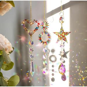 Crystal Suncatchers for Windows-3PCS Stained Glass Hanging Ornaments with Star & Heart Pendants, Rainbow Light Catchers for Home Garden Decor, Unique Gifts for Mom Women Mother's Day Birthday