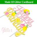 Pink & Gold Glitter Lemon Happy Birthday Cake Topper - Pink Yellow Lemon Slice Cake Decor for Summer Fruit Themed Birthday Party, Lemonade Stand Party Supplies, 7.9 x 6.1 inches