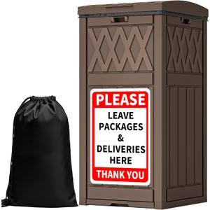 YITAHOME Package Delivery Box with Lift-Out Bag, 31 Gallon Waterproof Parcel Drop Box with Sign, Resin Porch Package Container for Curbside& Outdoor Use, Dark Brown