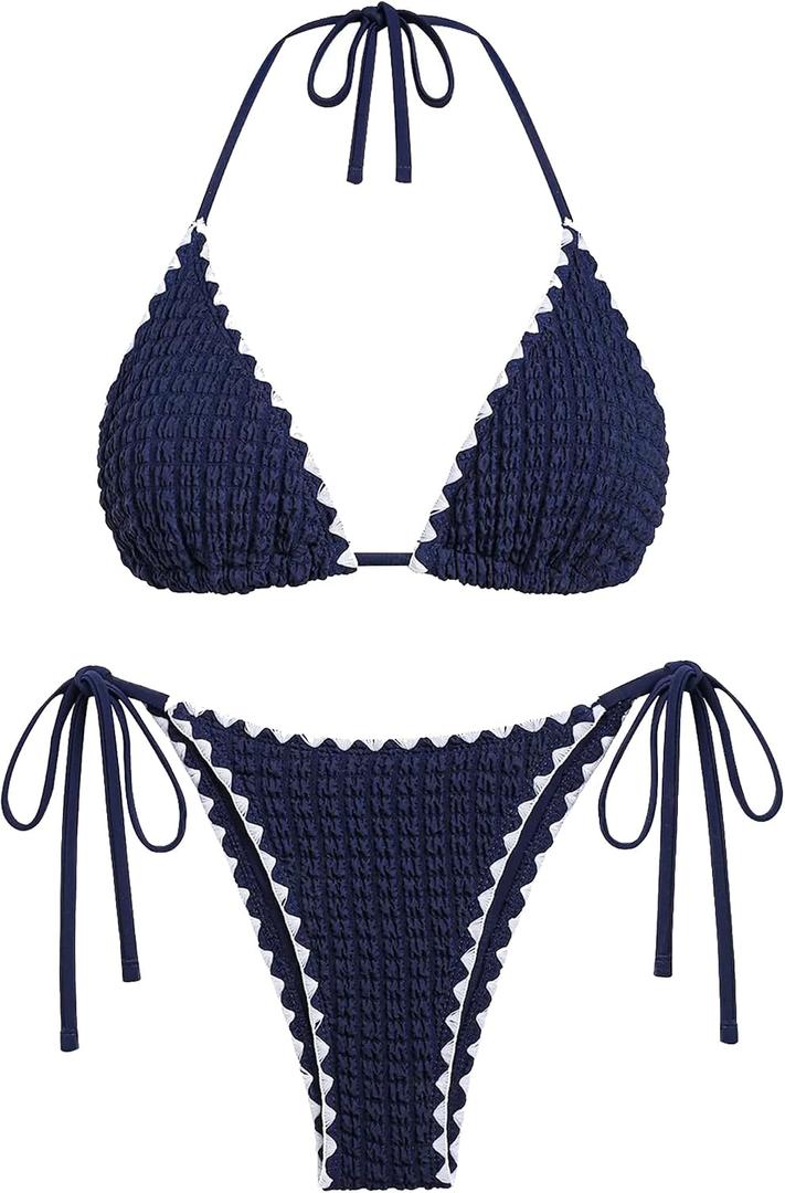 ZAFUL Bikini Sets for Women Halter Two Piece Swimsuit Ribbed High Cut Tie Side Thong Bathing Suit Sexy Padded Swimwear (Blue, S)
