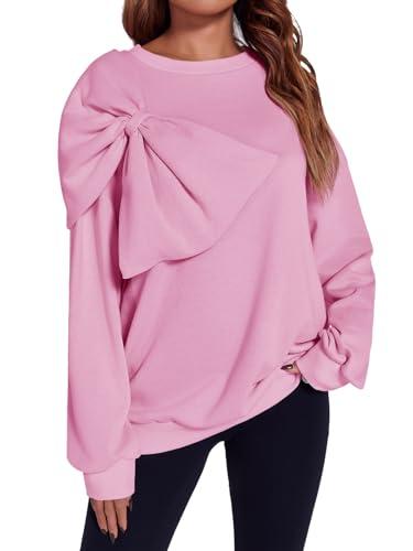 Fisoew Womens Oversized Bow Sweatshirt Long Sleeve Crewneck Casual Fall Pullover Tops Pink, XL