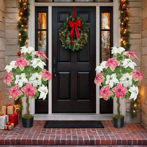 4 ft Christmas Tree for Front Porch Decor, 2 PCS Outdoor Pathway Christmas Trees Faux Topiary Plants Potted UV Resistant for Outdoor Indoor Door Garden Farmhouse Home Decoration, Pink White