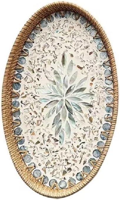 14.5 Inch Serving Tray for Coffee Table Ottoman Dcor Tray for Living Room Mother of Pearl Inlay Rattan Centerpiece Tray for Candle Holder, Flower, Coffee, Bread, Fruit (Large)